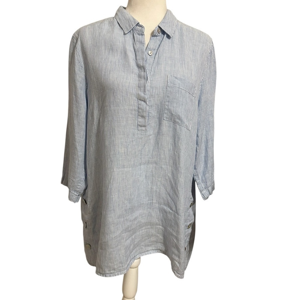 J. Jill Blue White Striped Tunic 100% Linen Top Pull Over Lagenlook Beach Size M